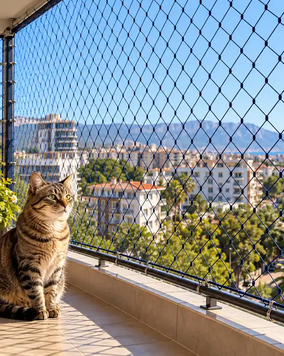 Kedi filesi takılmış balkon
